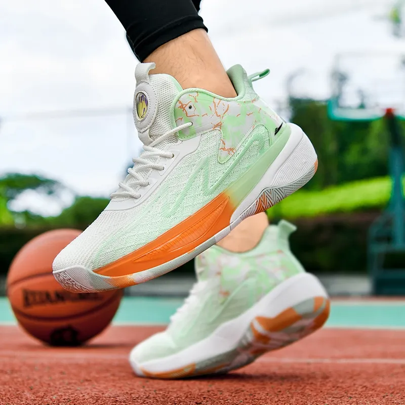 Kuding Basketball Shoes Men Mid Top Ginkgo Green/Black Blue Orange/Mint Green-3