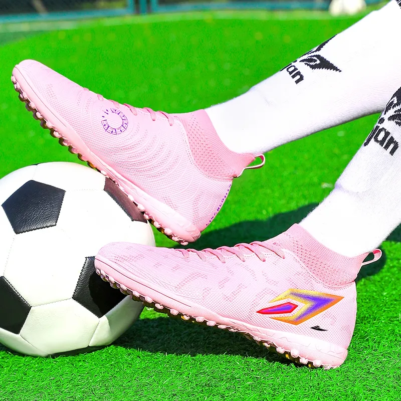 Kuding Soccer Shoes Unisex High Top Ice Blue Purple/Lemon/Cherry Blossom Pink-14