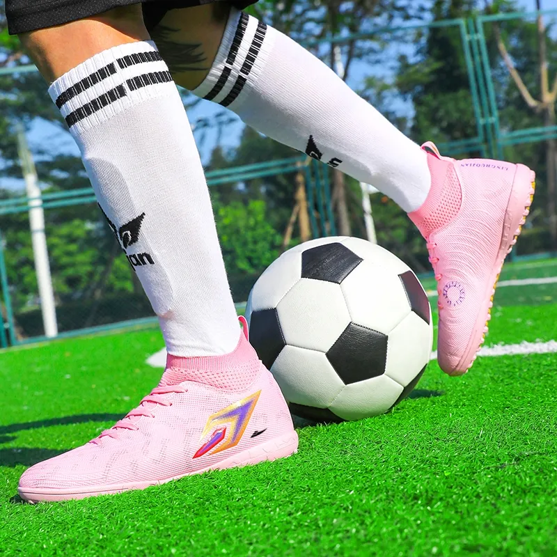 Kuding Soccer Shoes Unisex High Top Ice Blue Purple/Lemon/Cherry Blossom Pink-13