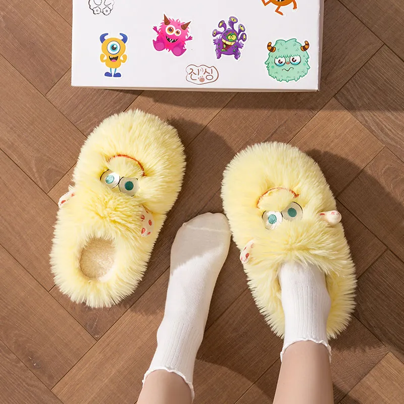 Foot Recreation Winter Cartoon Cute Long Mohair Suede Fabric Warm Slip Resistant Home Slippers Women's-20