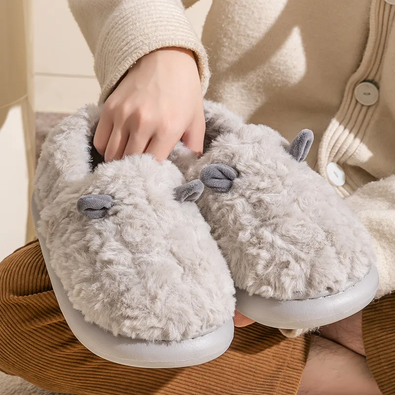 Foot Recreation 3D Effect Small Ears Solid Color Fleece Slippers Winter Home Indoor Warm Cotton Home Slippers Unisex-34