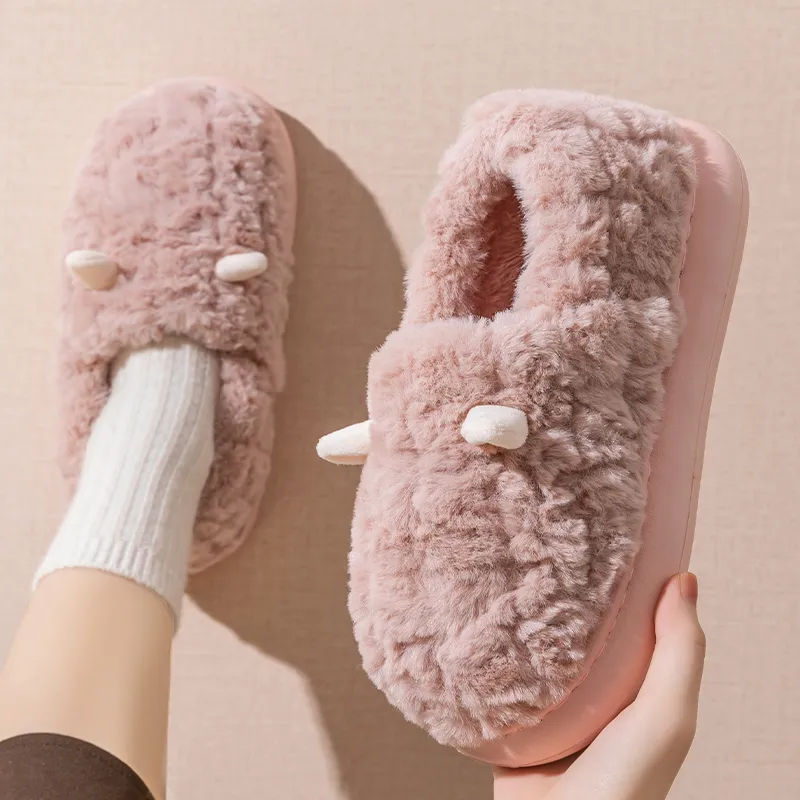 Foot Recreation 3D Effect Small Ears Solid Color Fleece Slippers Winter Home Indoor Warm Cotton Home Slippers Unisex-16