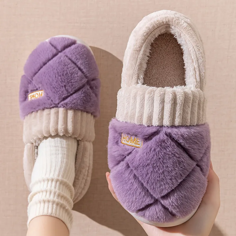 Foot Recreation Winter Solid Color Heel Covered Short Plush Platform Minimalist Style Cotton Slippers Unisex-24