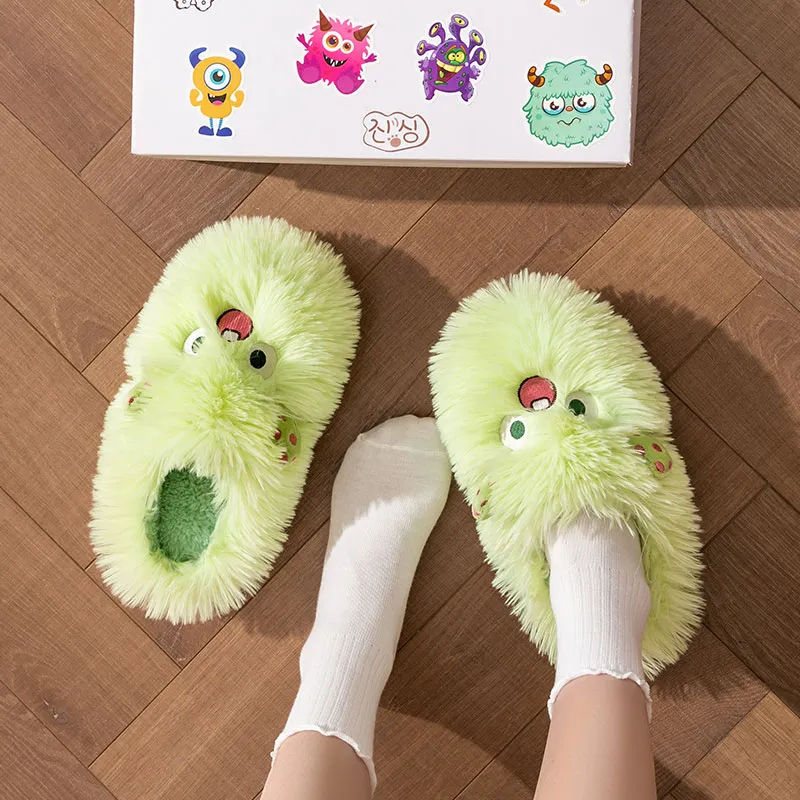 Foot Recreation Winter Cartoon Cute Long Mohair Suede Fabric Warm Slip Resistant Home Slippers Women's-14