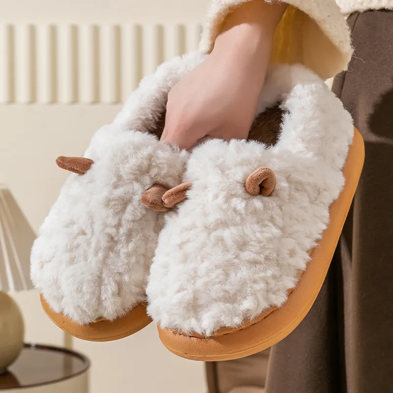 Foot Recreation 3D Effect Small Ears Solid Color Fleece Slippers Winter Home Indoor Warm Cotton Home Slippers Unisex-6