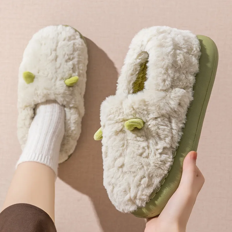 Foot Recreation 3D Effect Small Ears Solid Color Fleece Slippers Winter Home Indoor Warm Cotton Home Slippers Unisex-9