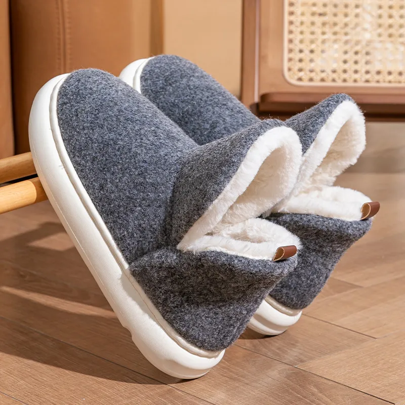 Foot Recreation Winter Thickened And Fleece Lined Plush Warm Slip Resistant Home High Cushion Cotton Slippers Unisex-14