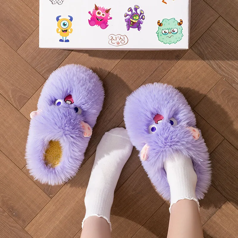 Foot Recreation Winter Cartoon Cute Long Mohair Suede Fabric Warm Slip Resistant Home Slippers Women's-2