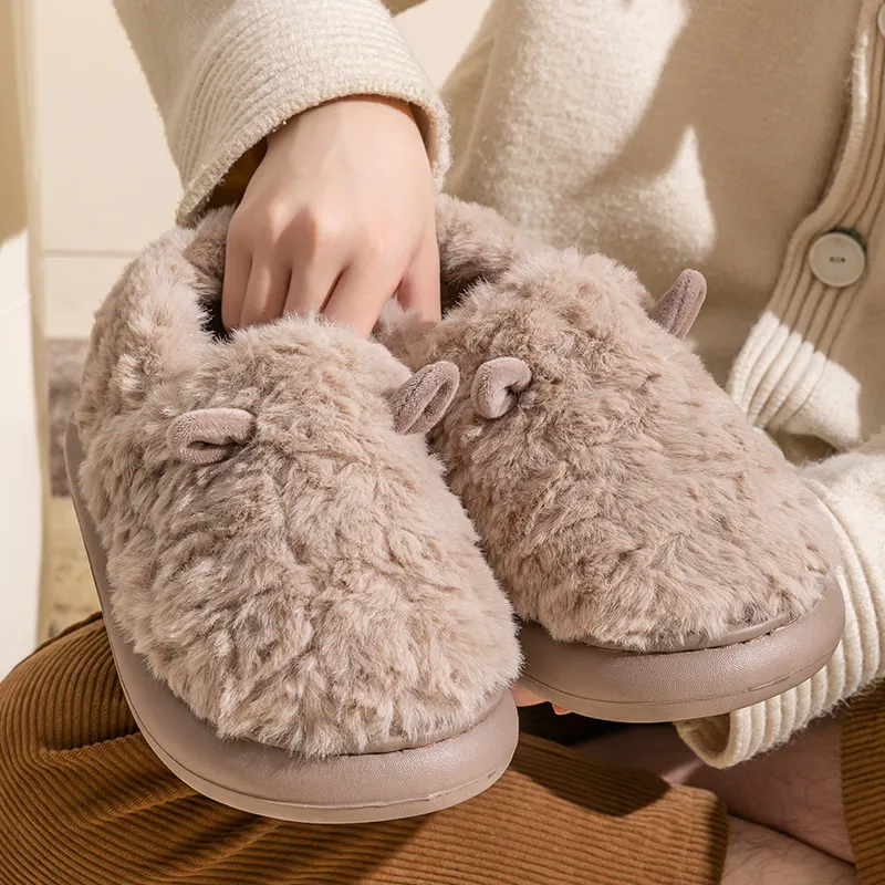 Foot Recreation 3D Effect Small Ears Solid Color Fleece Slippers Winter Home Indoor Warm Cotton Home Slippers Unisex-27