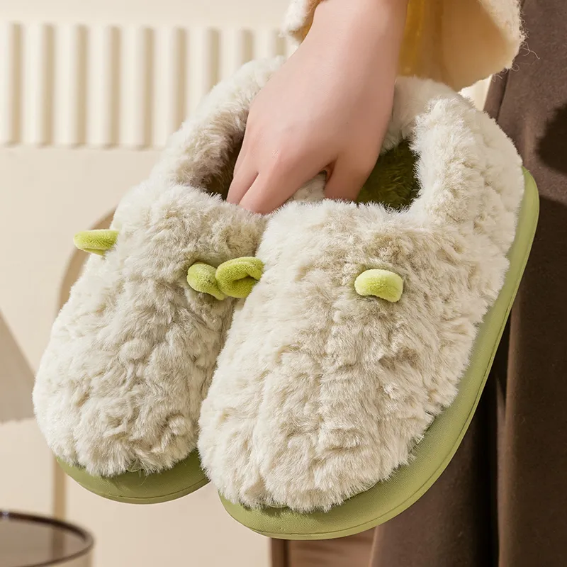 Foot Recreation 3D Effect Small Ears Solid Color Fleece Slippers Winter Home Indoor Warm Cotton Home Slippers Unisex-13