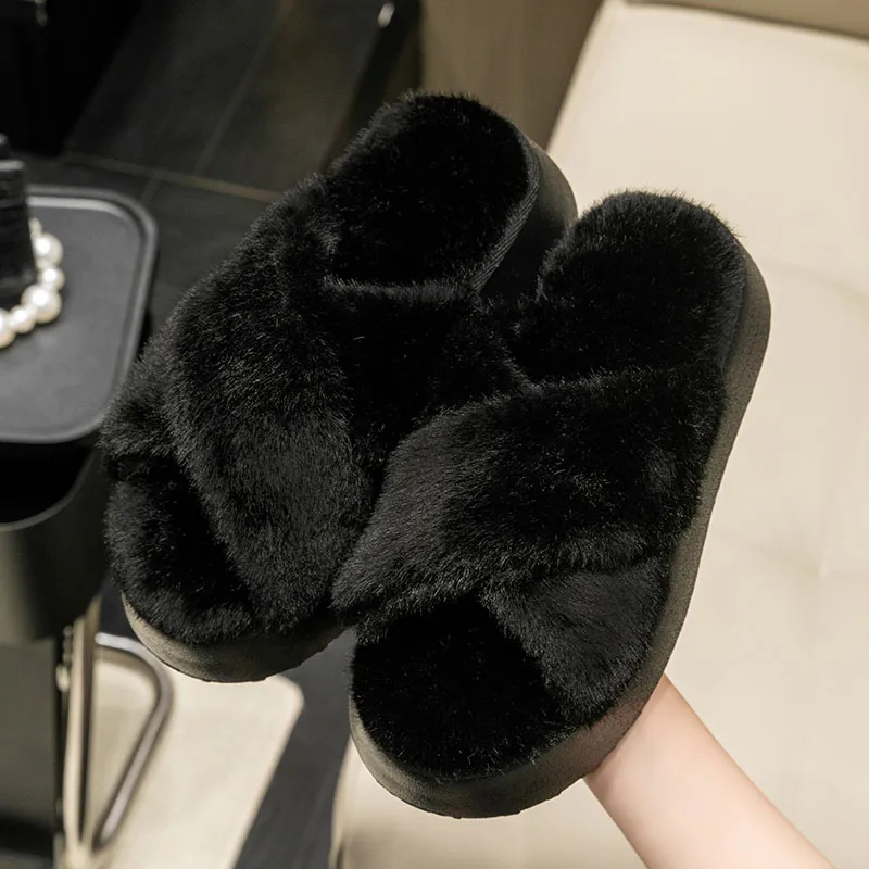 Foot Recreation Winter Home Warm Fashion Crisscross Fleece Slippers Women's Home Slippers-5