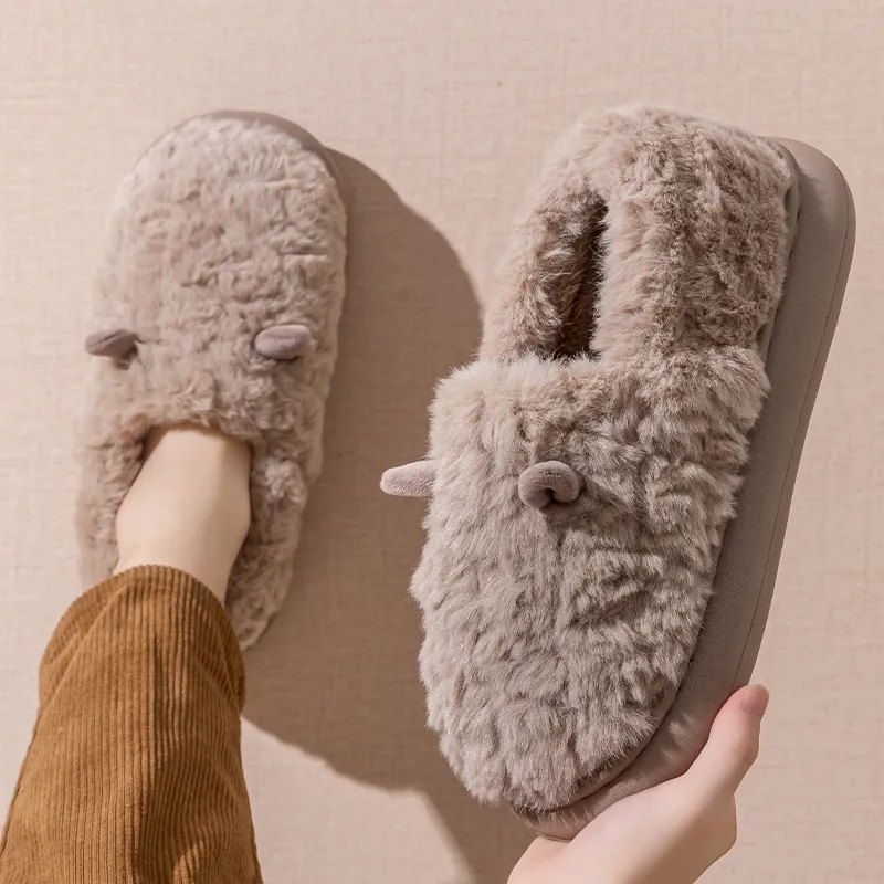 Foot Recreation 3D Effect Small Ears Solid Color Fleece Slippers Winter Home Indoor Warm Cotton Home Slippers Unisex-23