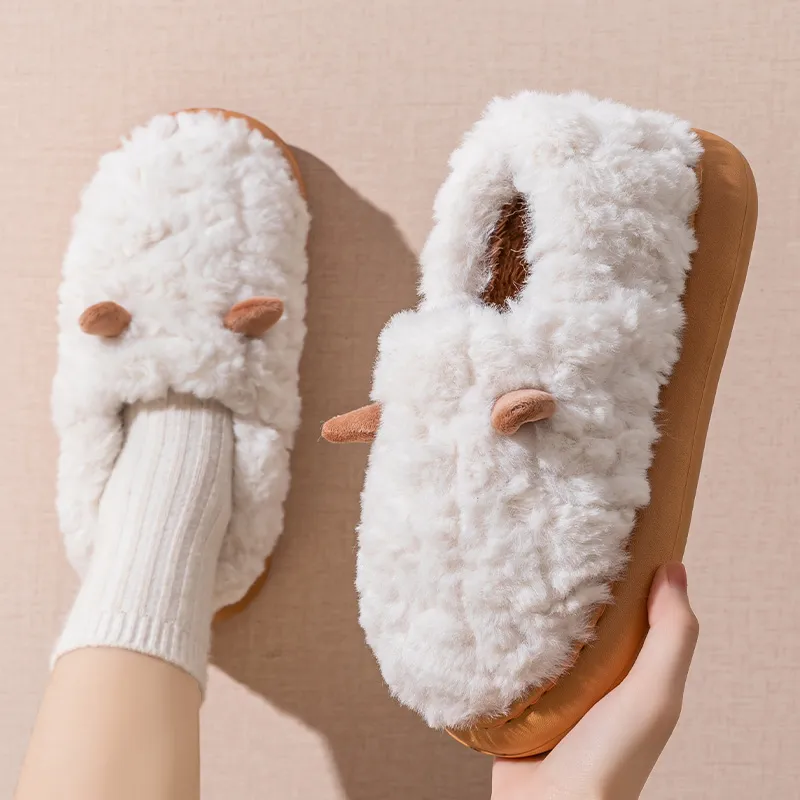 Foot Recreation 3D Effect Small Ears Solid Color Fleece Slippers Winter Home Indoor Warm Cotton Home Slippers Unisex-2