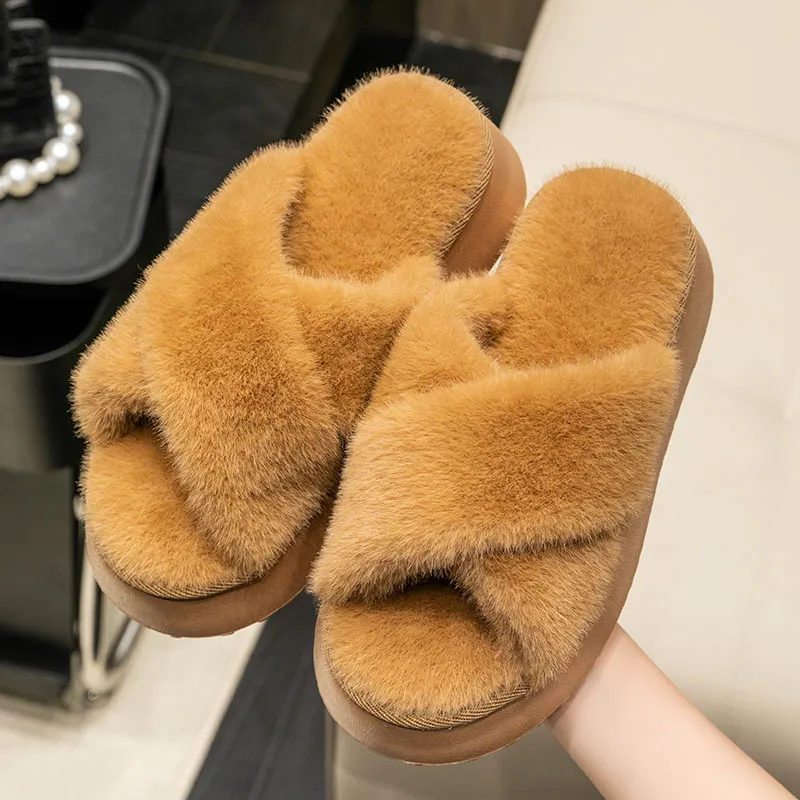 Foot Recreation Winter Home Warm Fashion Crisscross Fleece Slippers Women's Home Slippers-11