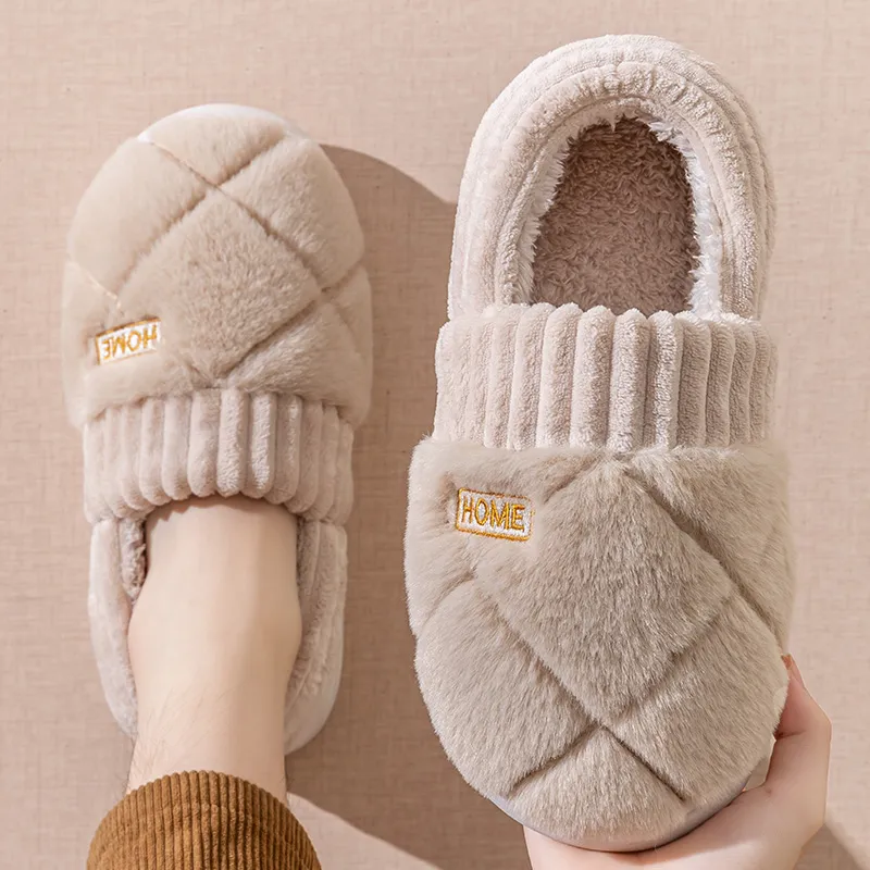 Foot Recreation Winter Solid Color Heel Covered Short Plush Platform Minimalist Style Cotton Slippers Unisex-14