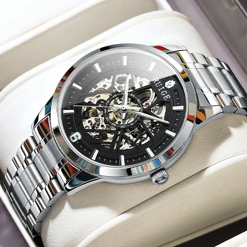 RUIGE Automatic Mechanical Movement Stainless Steel Watchband Watch Men's Watches Black Dial-1