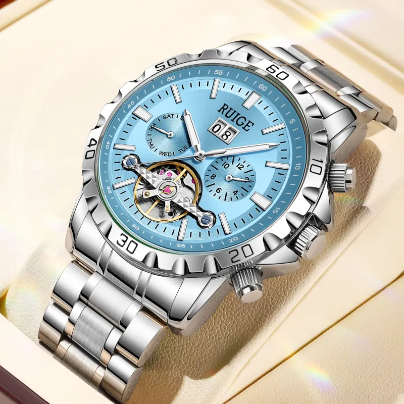 RUIGE Mechanical Movement Stainless Steel Watchband Men's Watches Blue Dial-2