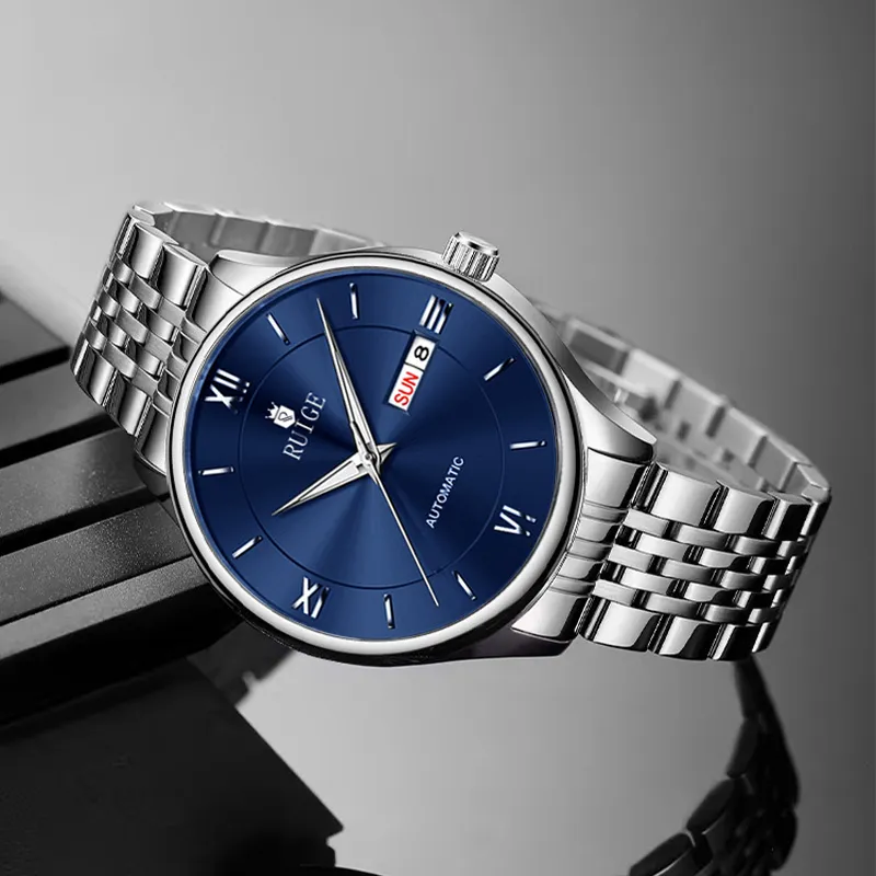 RUIGE Automatic Mechanical Movement Stainless Steel Watchband Men's Watches Black Dial-10