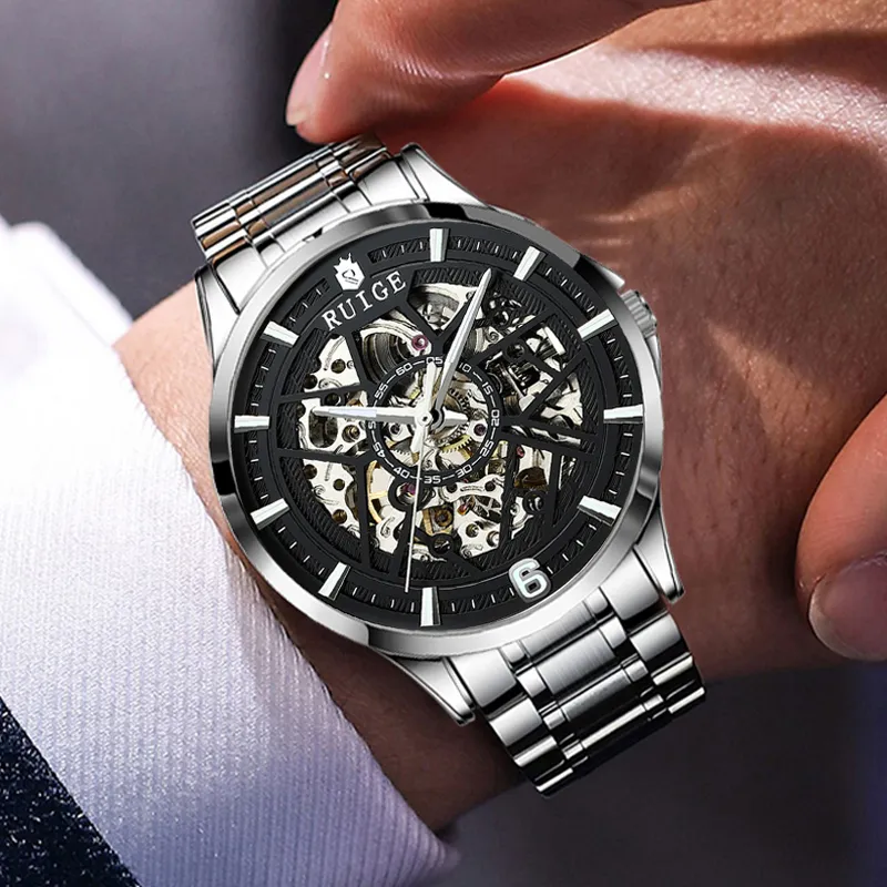 RUIGE Automatic Mechanical Movement Stainless Steel Watchband Watch Men's Watches Black Dial-3