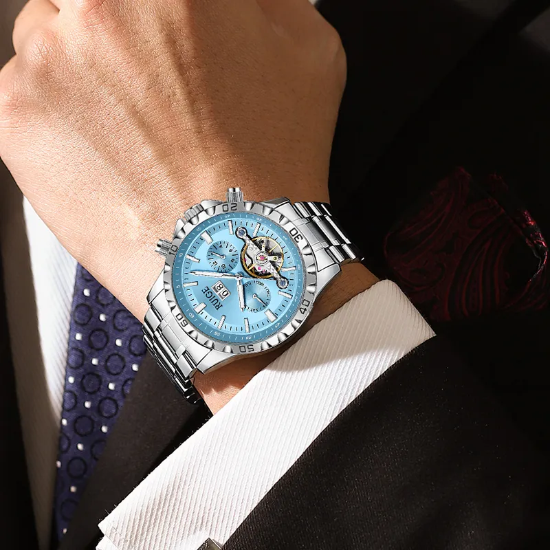 RUIGE Mechanical Movement Stainless Steel Watchband Men's Watches Blue Dial-4