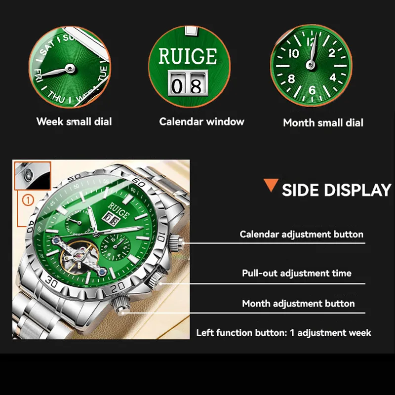RUIGE Mechanical Movement Stainless Steel Watchband Men's Watches Blue Dial-12