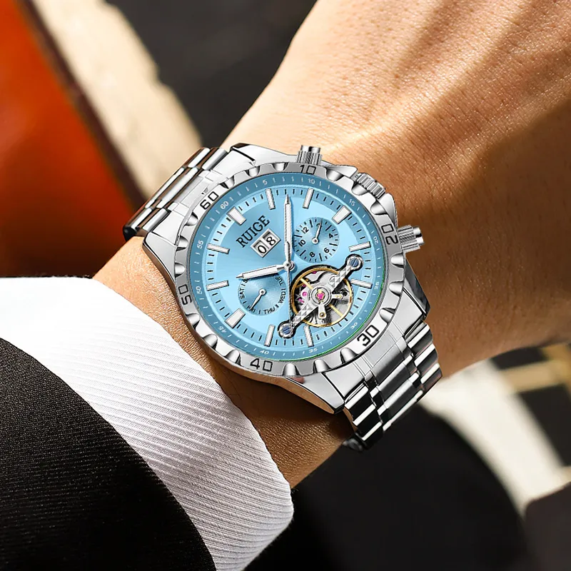 RUIGE Mechanical Movement Stainless Steel Watchband Men's Watches Blue Dial-3