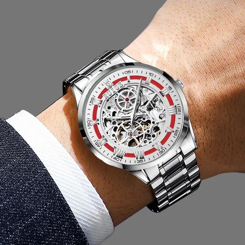 RUIGE Automatic Mechanical Movement Stainless Steel Watchband Watch Men's Watches Cut-Out Dial-6
