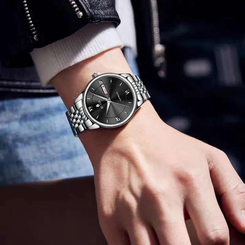 RUIGE Automatic Mechanical Movement Stainless Steel Watchband Men's Watches Black Dial-3