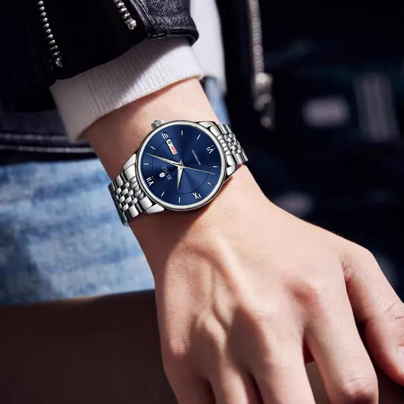 RUIGE Automatic Mechanical Movement Stainless Steel Watchband Men's Watches Black Dial-9