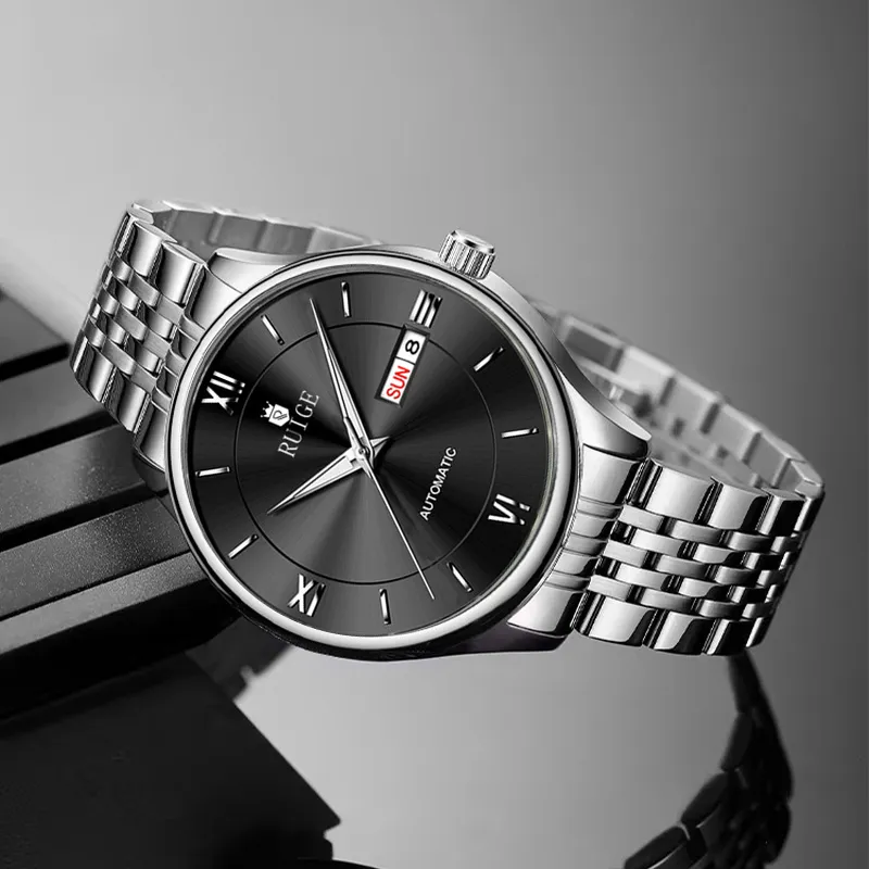 RUIGE Automatic Mechanical Movement Stainless Steel Watchband Men's Watches Black Dial-2