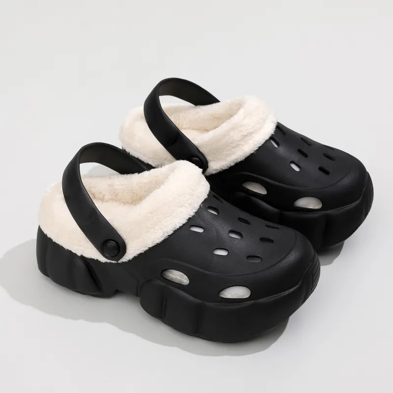 Flamingo Women's Fall And Winter High Heel Clogs Padded Shoes Platform Fuzzy Shoes Cotton Slippers-7