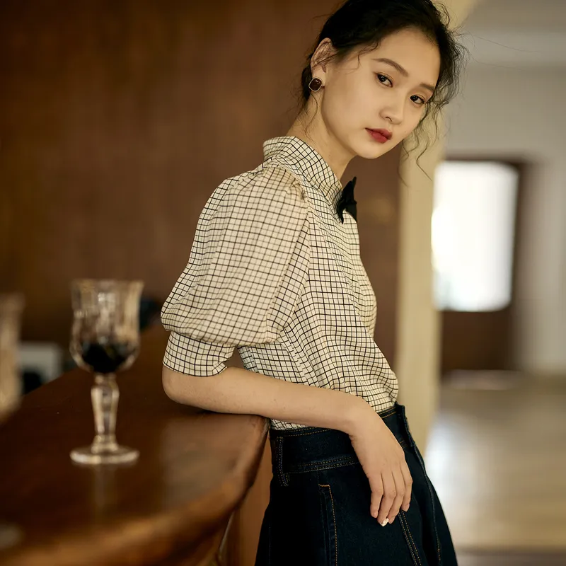 La Chapelle Shirt Women's Beige & Black Plaid-4