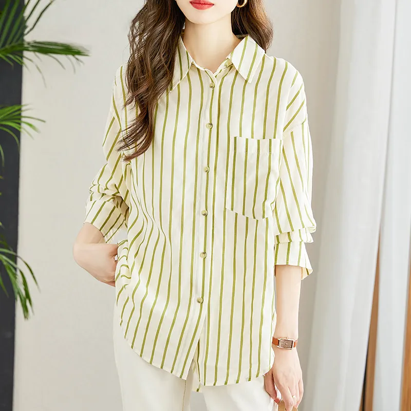 La Chapelle Shirt Women's Apricot Green Stripes-3