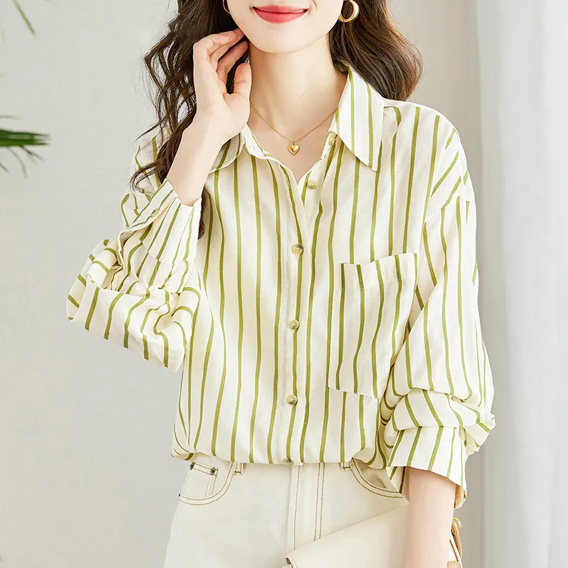 La Chapelle Shirt Women's Apricot Green Stripes-4
