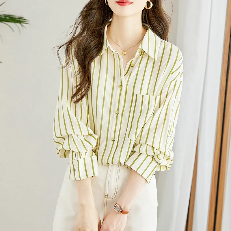 La Chapelle Shirt Women's Apricot Green Stripes-2