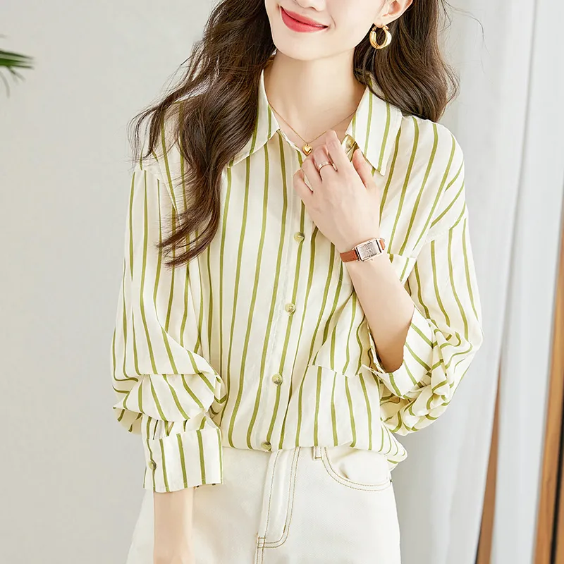 La Chapelle Shirt Women's Apricot Green Stripes-1
