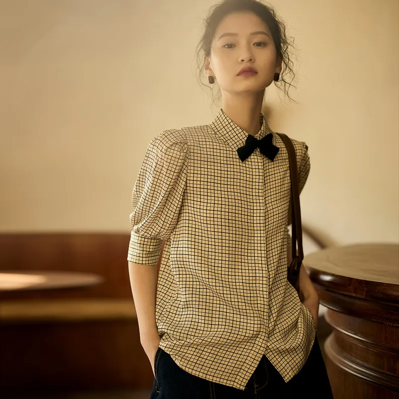 La Chapelle Shirt Women's Beige & Black Plaid-3