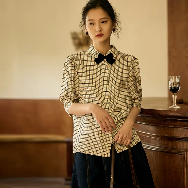 La Chapelle Shirt Women's Beige & Black Plaid-2