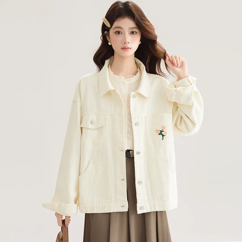 PLANE DRIFT Denim Jacket Women's Beige Apricot-2