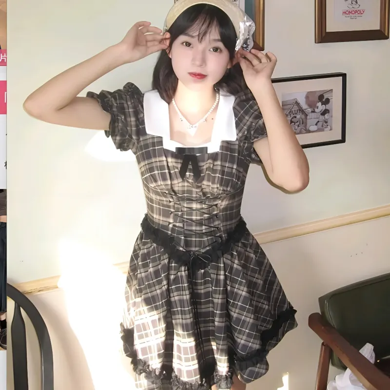 PLANE DRIFT Short Sleeved Dress Women's Plaid Skirt-4