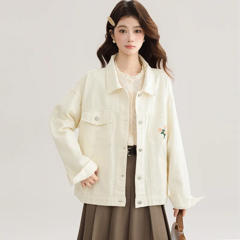 PLANE DRIFT Denim Jacket Women's Beige Apricot-4