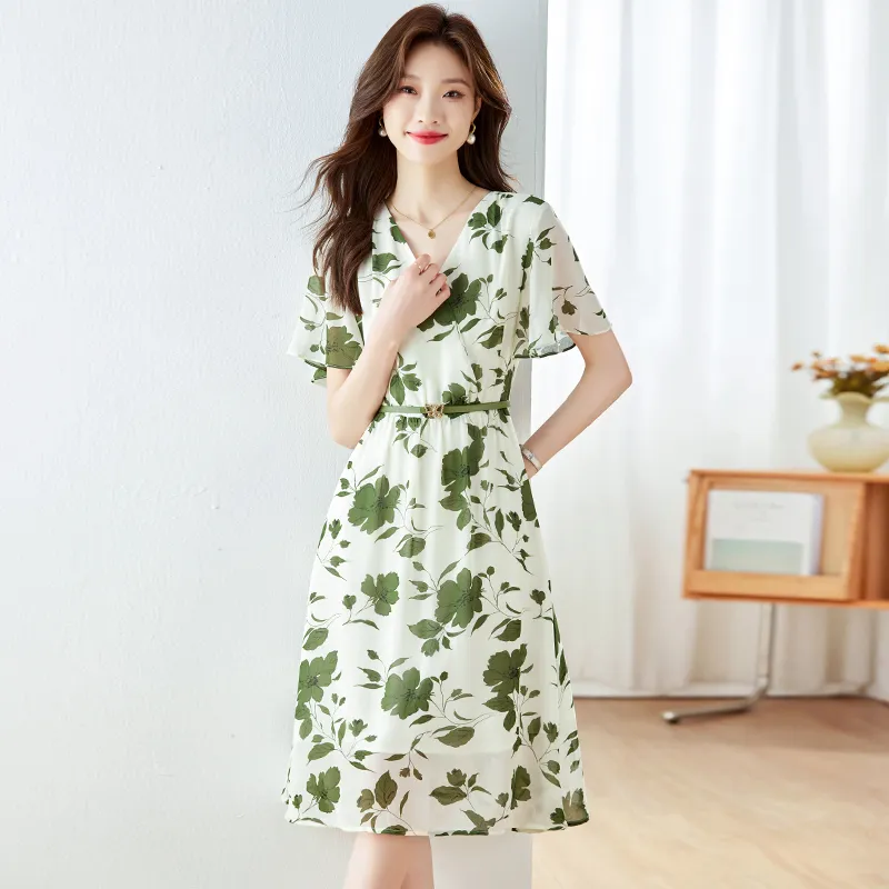 PLANE DRIFT Short Sleeved Dresses Women's White With Green Floral-5