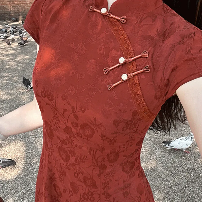PLANE DRIFT Short Sleeved Dress Women's Vermilion Face Red-4