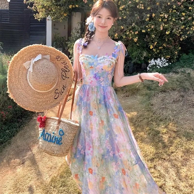 PLANE DRIFT Slip Dress Women's Oil Paintings Pink Blue-4