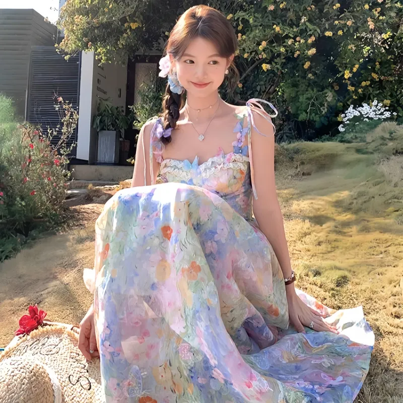 PLANE DRIFT Slip Dress Women's Oil Paintings Pink Blue-5