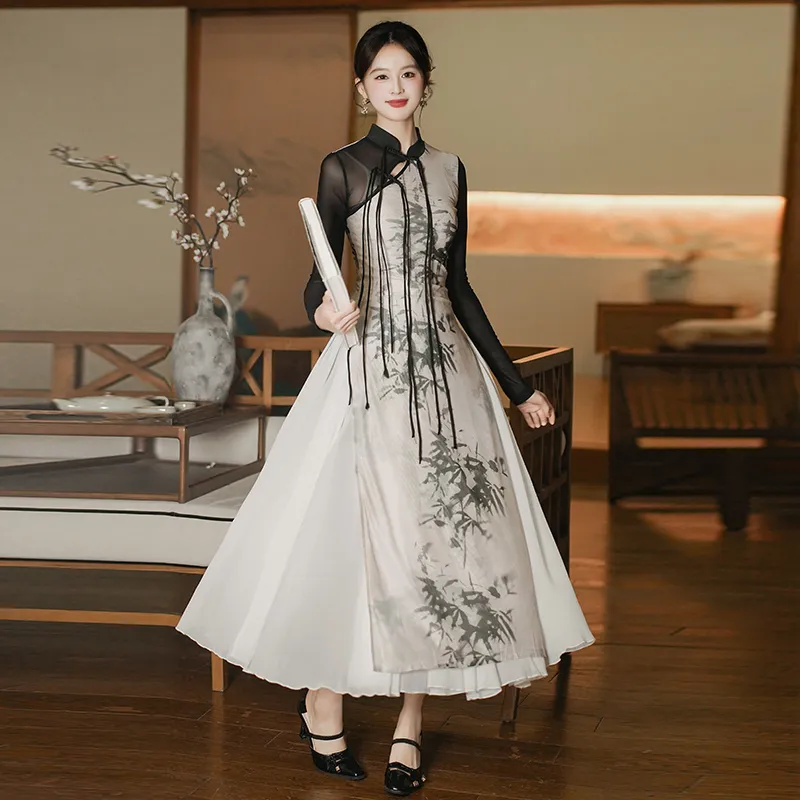 PLANE DRIFT Long Sleeved Dresses Women's Bamboo Print-1