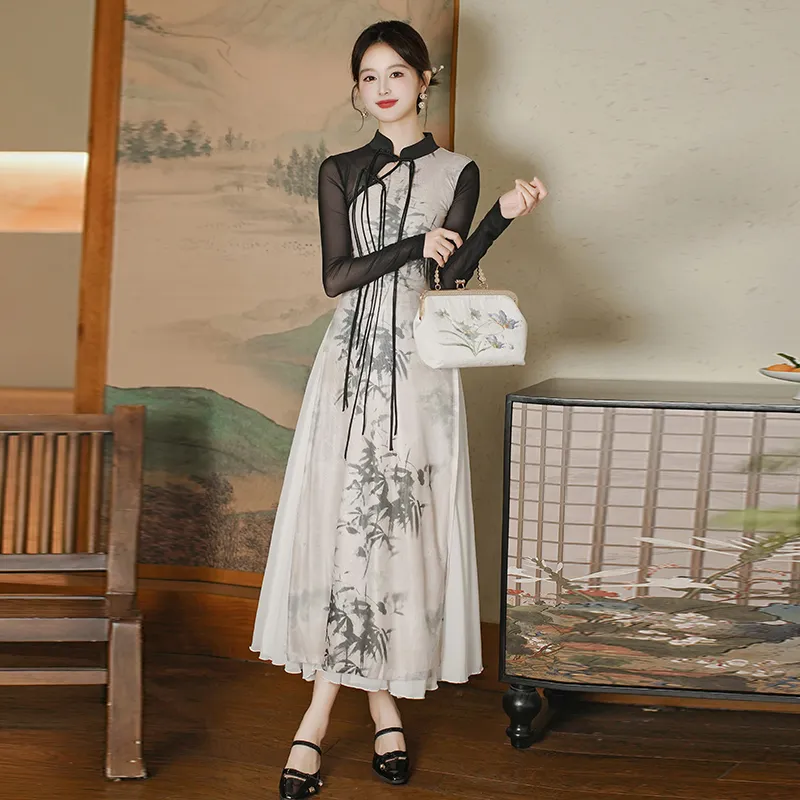 PLANE DRIFT Long Sleeved Dresses Women's Bamboo Print-3