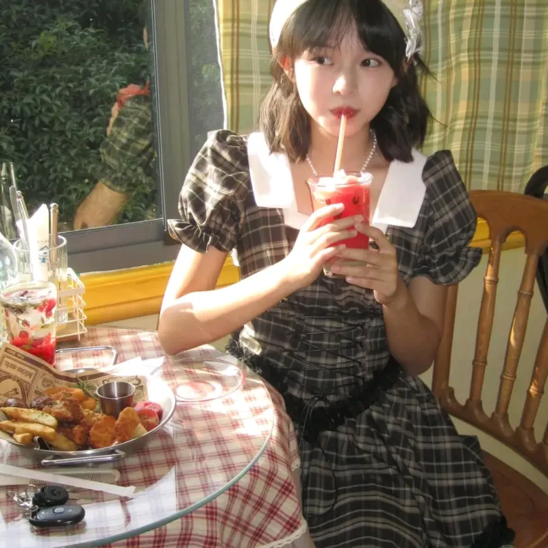 PLANE DRIFT Short Sleeved Dress Women's Plaid Skirt-5