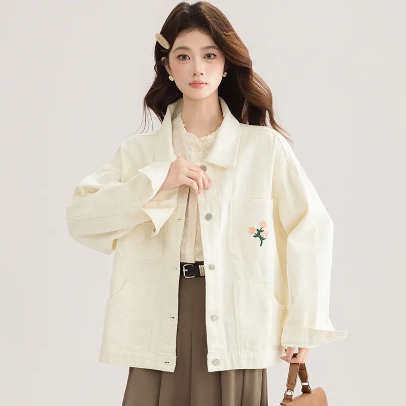 PLANE DRIFT Denim Jacket Women's Beige Apricot-3