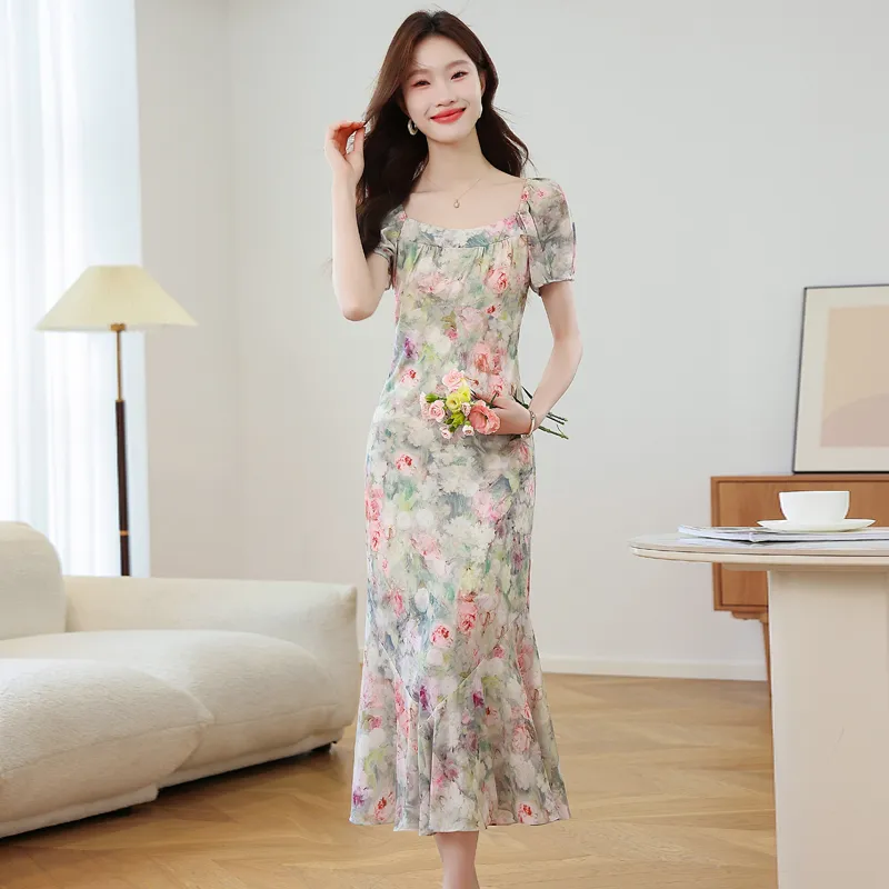 PLANE DRIFT Short Sleeved Dresses Women's Pea Green Floral-3